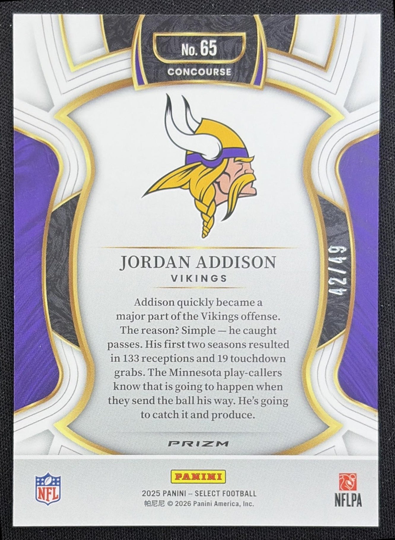 Jordan Addison 2025 Panini Select Concourse Orange Prizm /49 Vikings Minnesota Vikings back