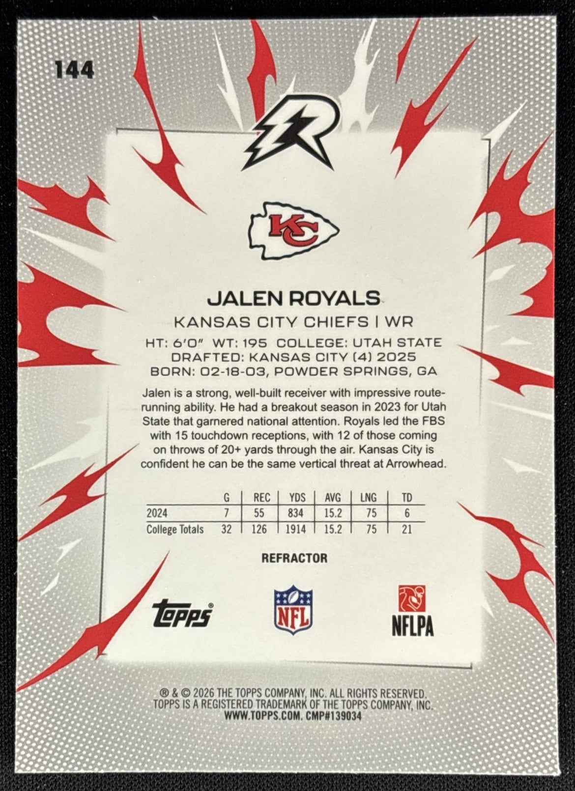 Jalen Royals 2025 Topps Resurgence Refractor Chiefs back