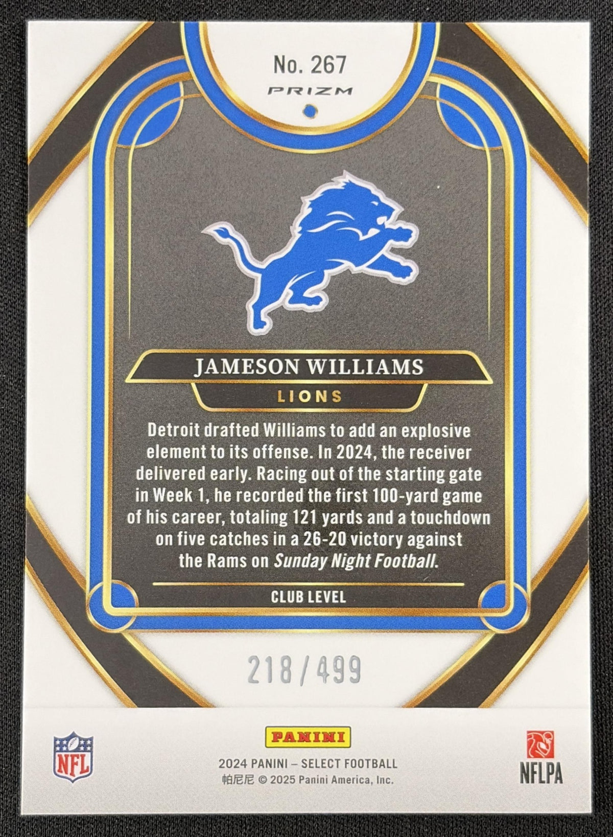 Jameson Williams 2024 Panini Select Club Neon Green Prizm Shock /499 Lions