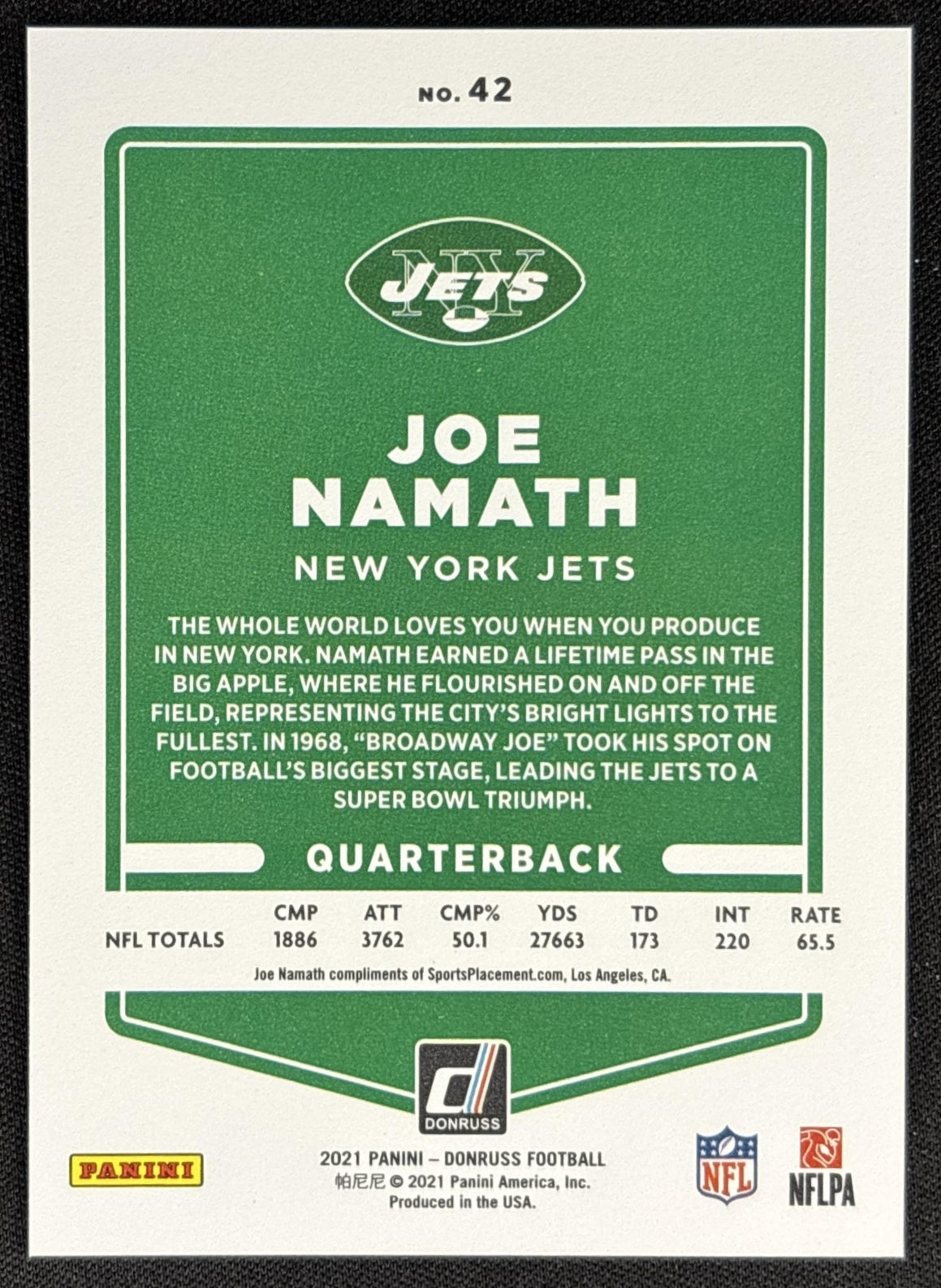 Joe Namath 2021 Panini Donruss Press Proof Premium Jets