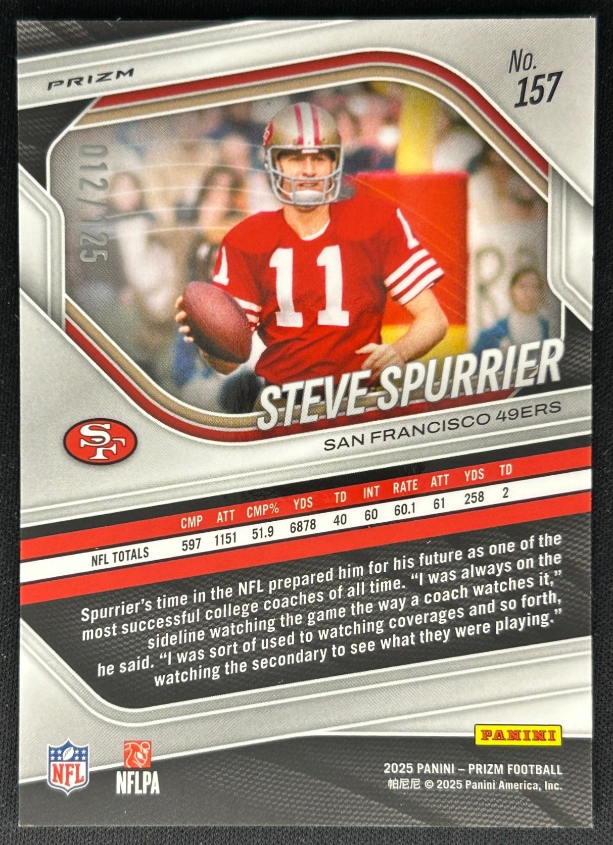 Steve Spurrier 2025 Panini Prizm No Huddle Blue /125 49ers Sports Trading Cards