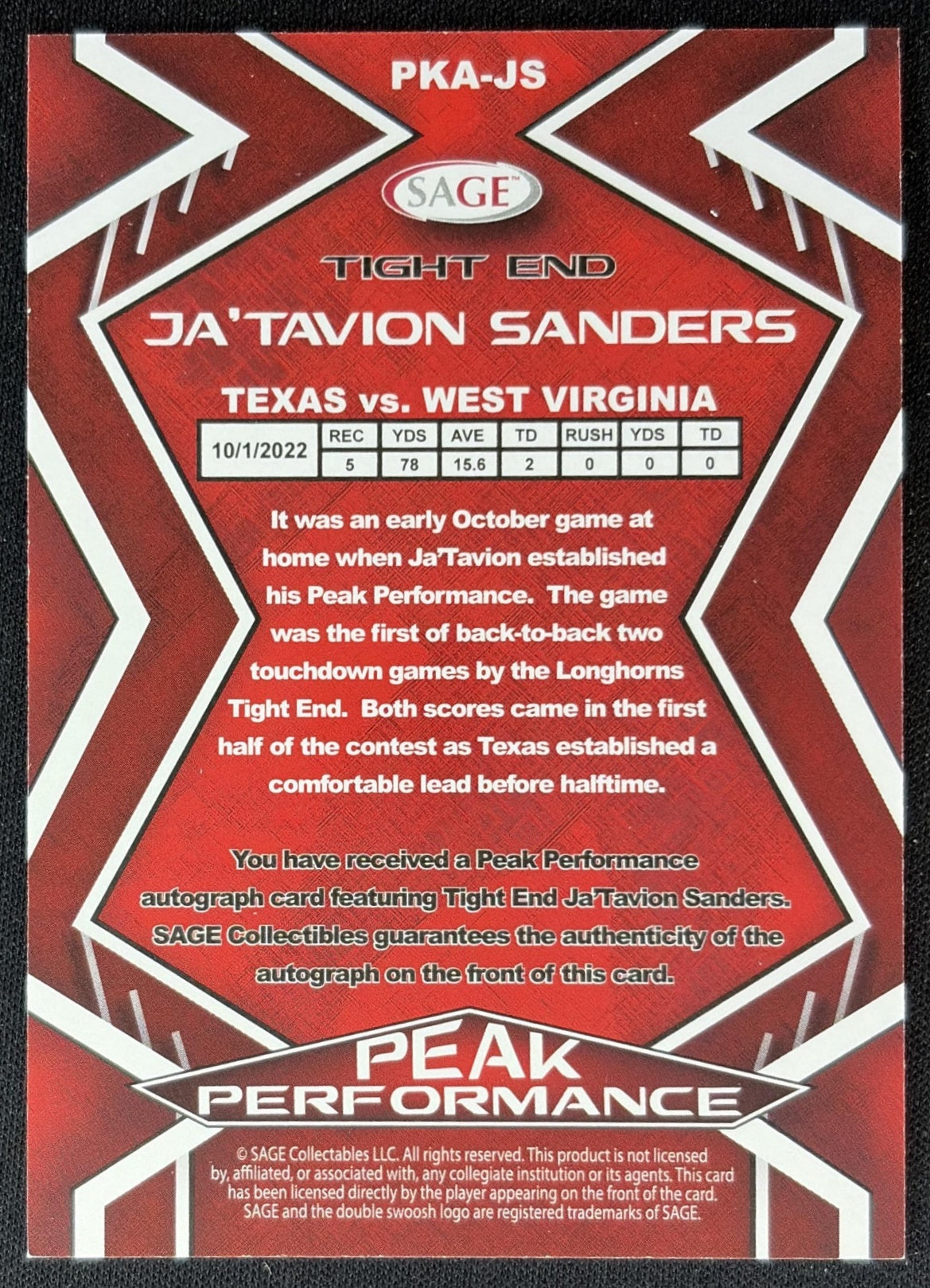 Ja Tavion Sanders 2024 HIT Peak Performance Auto Purple High Series Longhorns Sports Trading Cards