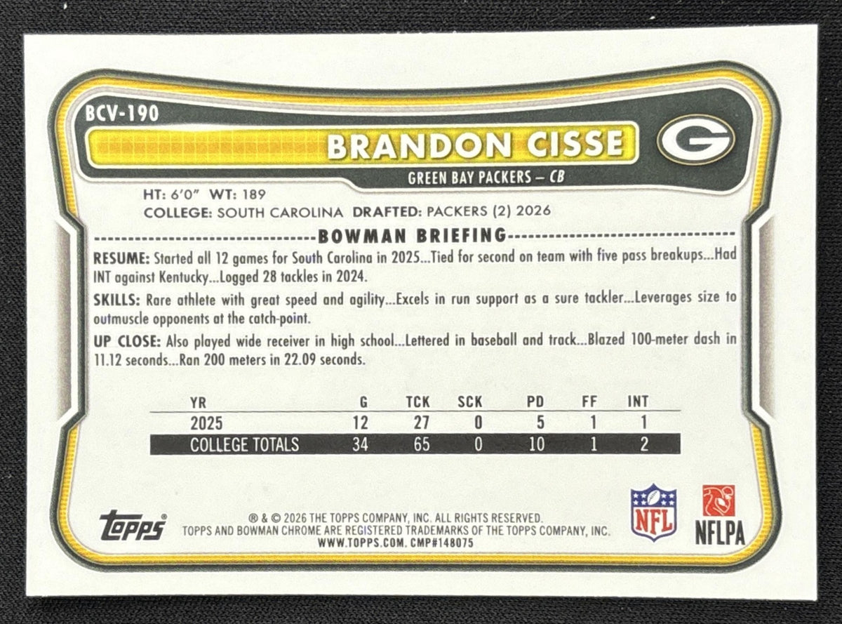 Brandon Cisse 2026 Bowman Chrome NFL Speckle Refractor Packers