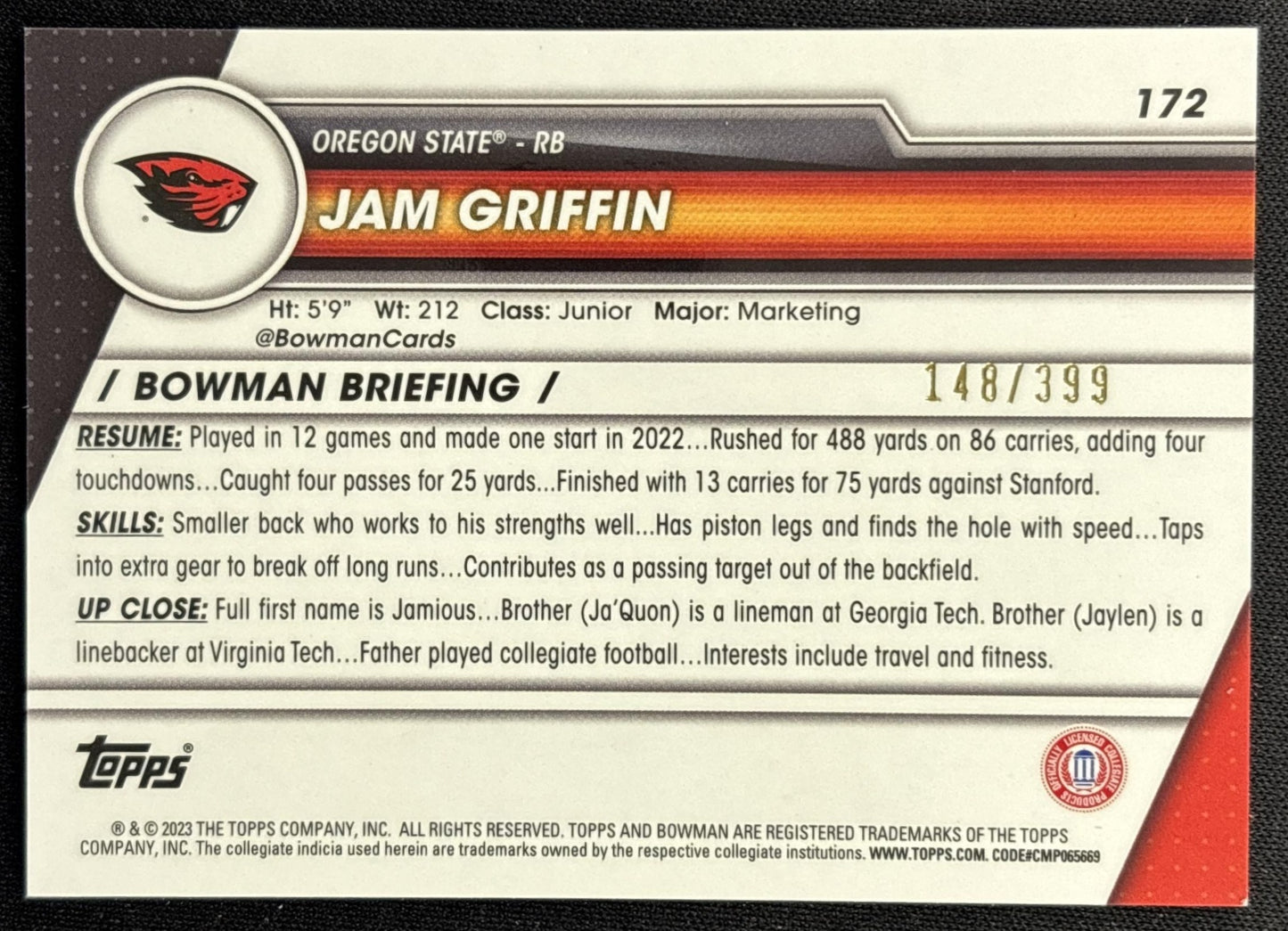 Jam Griffin 2023 Bowman University Chrome Purple Mini Diamond Refractor /399 back