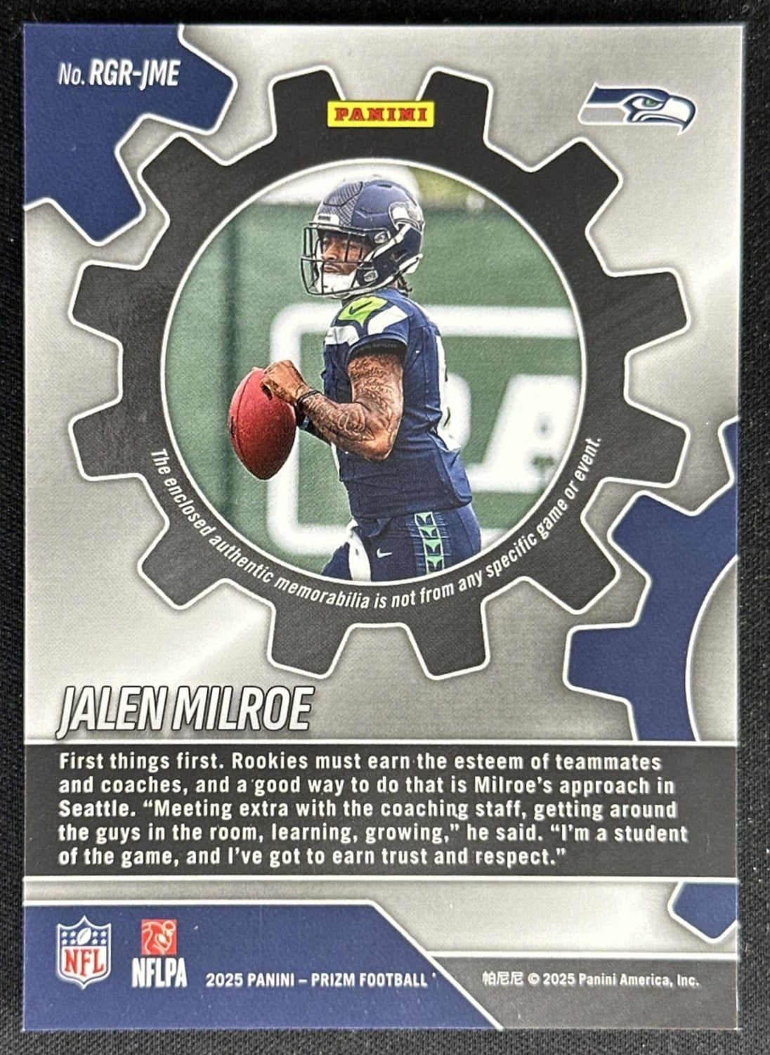 Jalen Milroe 2025 Panini Prizm Rookie Gear Seahawks