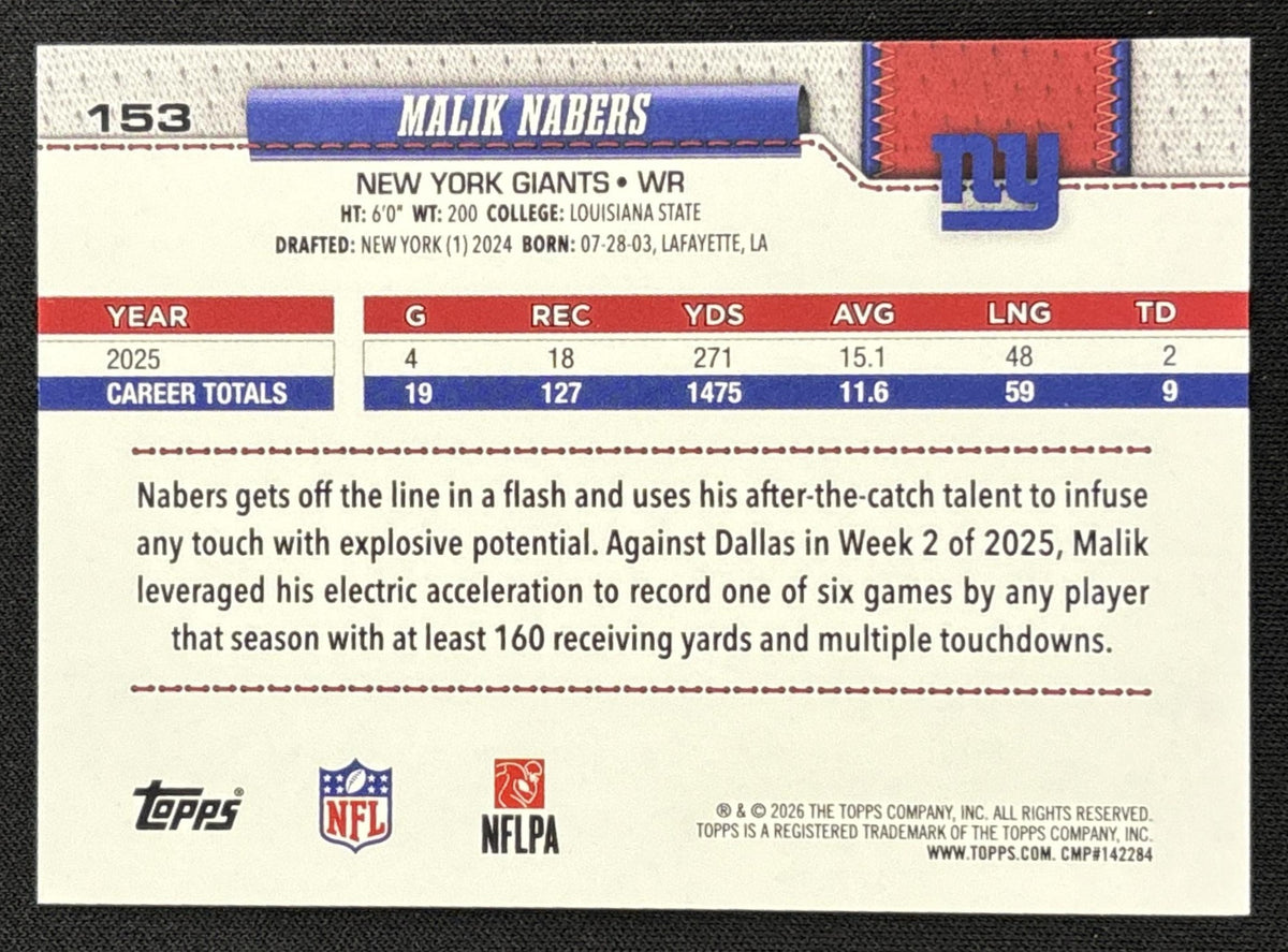 Malik Nabers 2026 Topps Aqua Rainbow Foil Giants