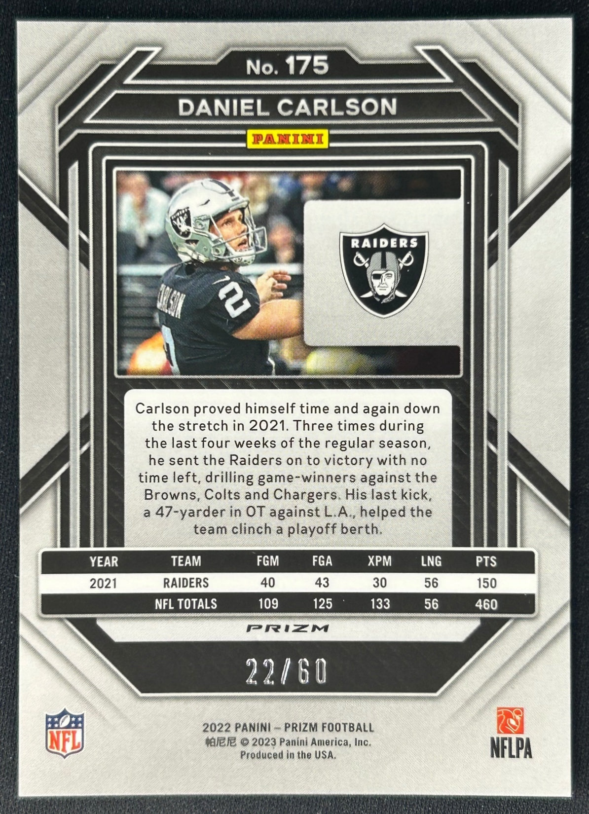 Daniel Carlson 2023 Prizm Orange Wave /60 Raiders - back