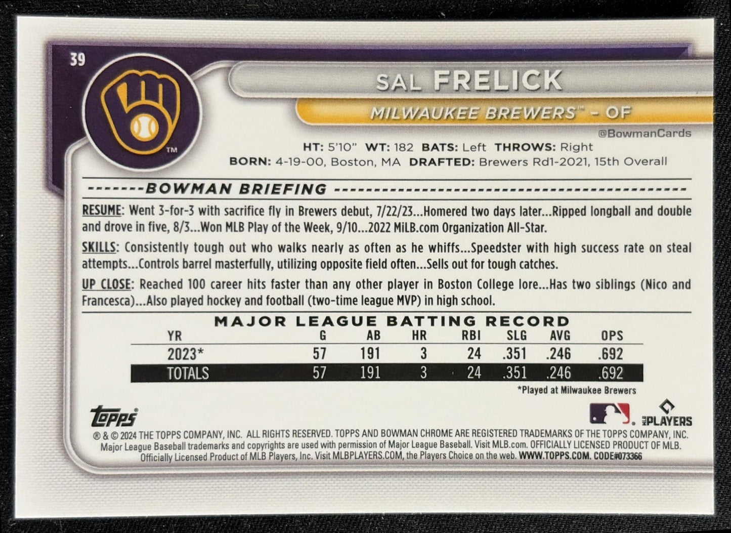 Sal Frelick 2024 Bowman Mega Box Mojo Refractor Brewers back