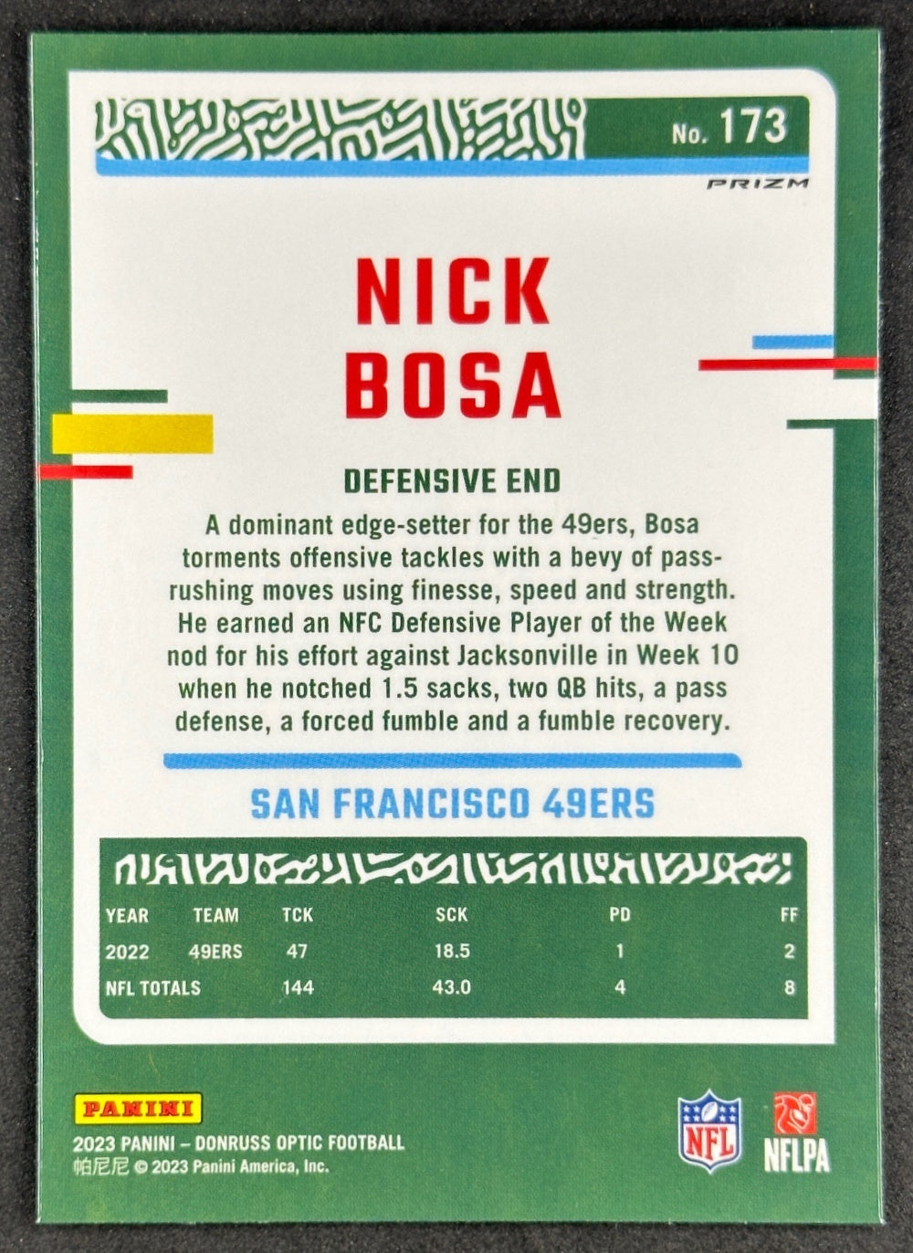 Nick Bosa 2023 Donruss Optic Holo Prizm 49ers - back