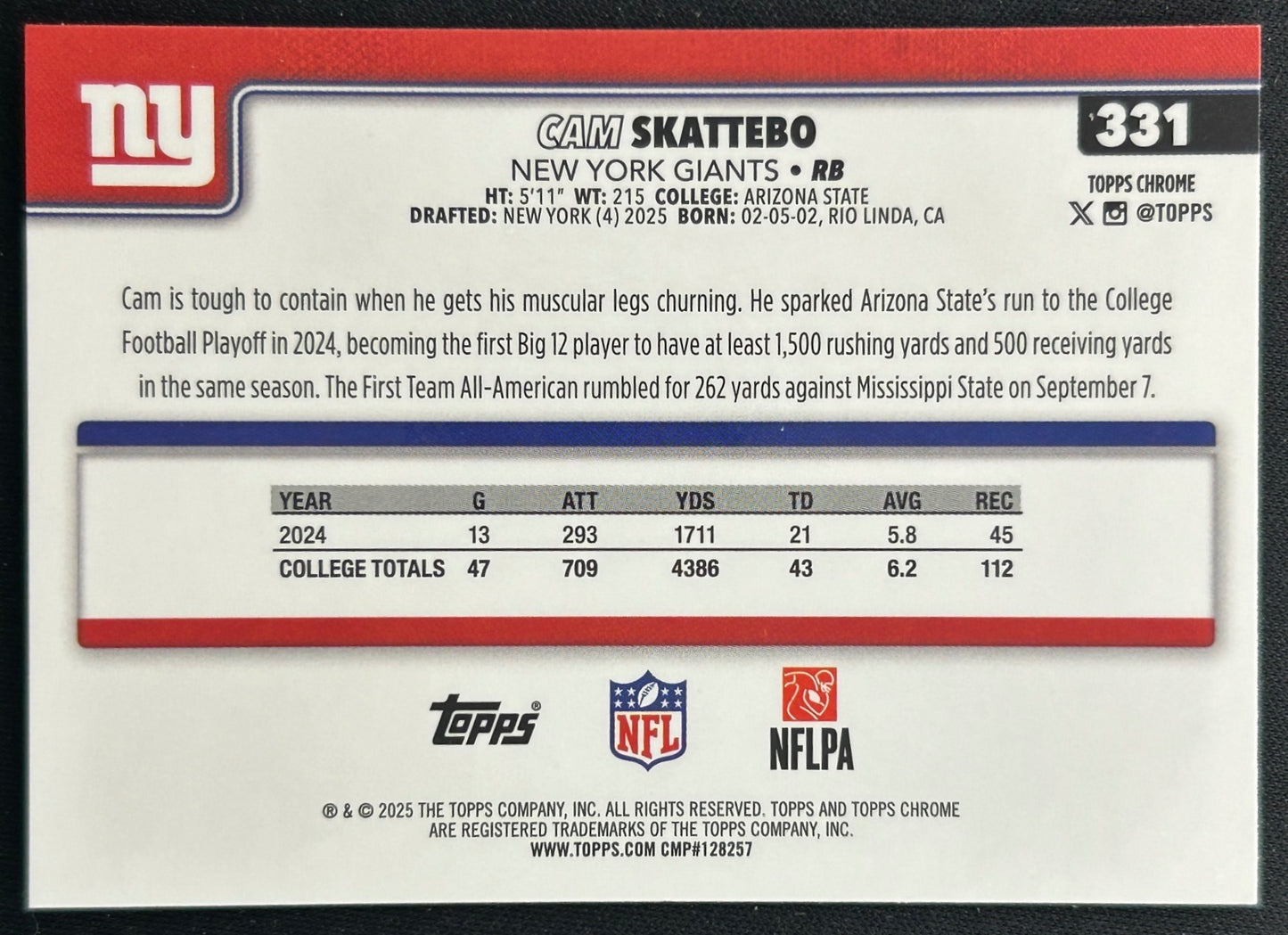 Cam Skattebo 2025 Topps Chrome Rookie Giants Sports Trading Cards