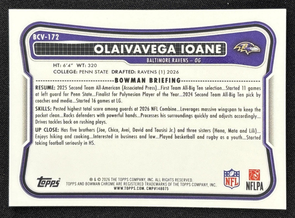 Olaivavega Ioane 2026 Bowman Chrome NFL Mojo Refractor Ravens back