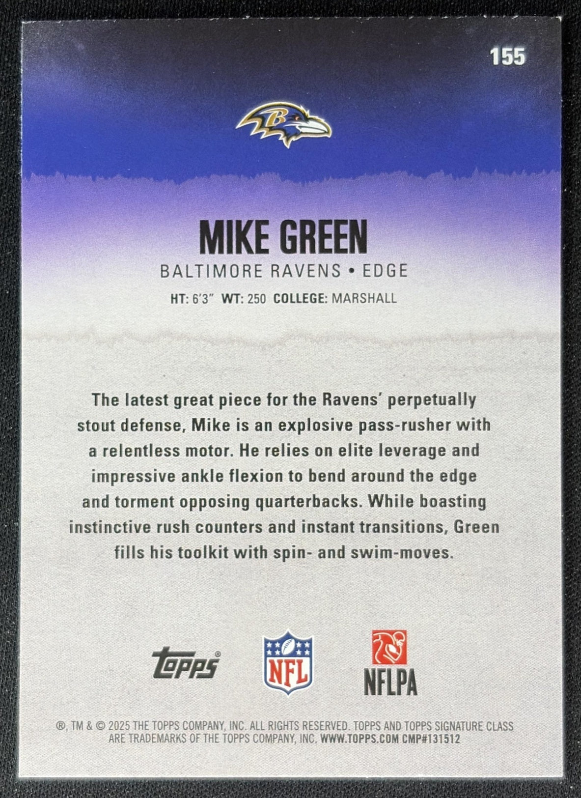 Mike Green 2025 Topps Signature Class Rookie Red & Black Foil Ravens back