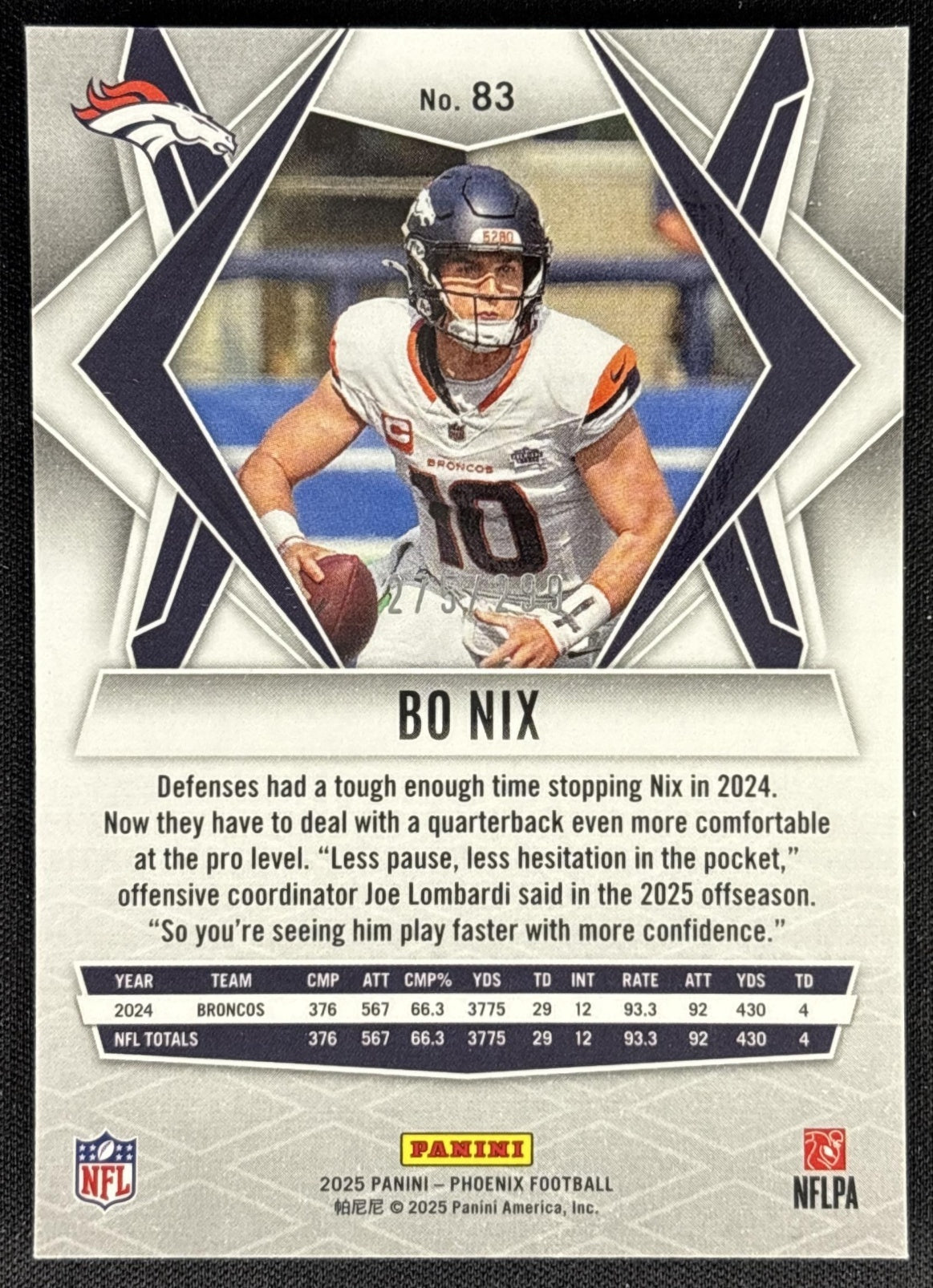 Bo Nix 2025 Panini Phoenix Pink Winter Prizm /299 Broncos