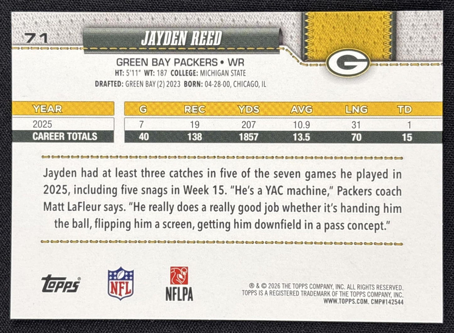 Jayden Reed 2026 Topps Team Color Border Variation Packers