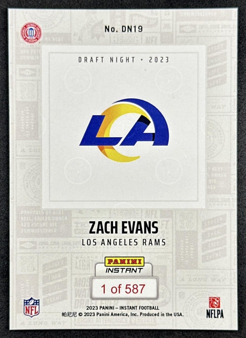 Zack Evans 2023 Panini Instant Draft Rookie /587 Rams back sports trading card