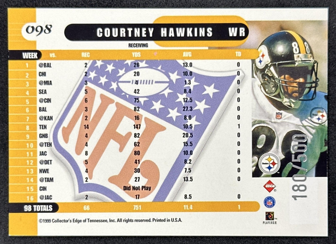 Courtney Hawkins 1999 Collector's Edge Supreme Galvanized /500 Steelers back