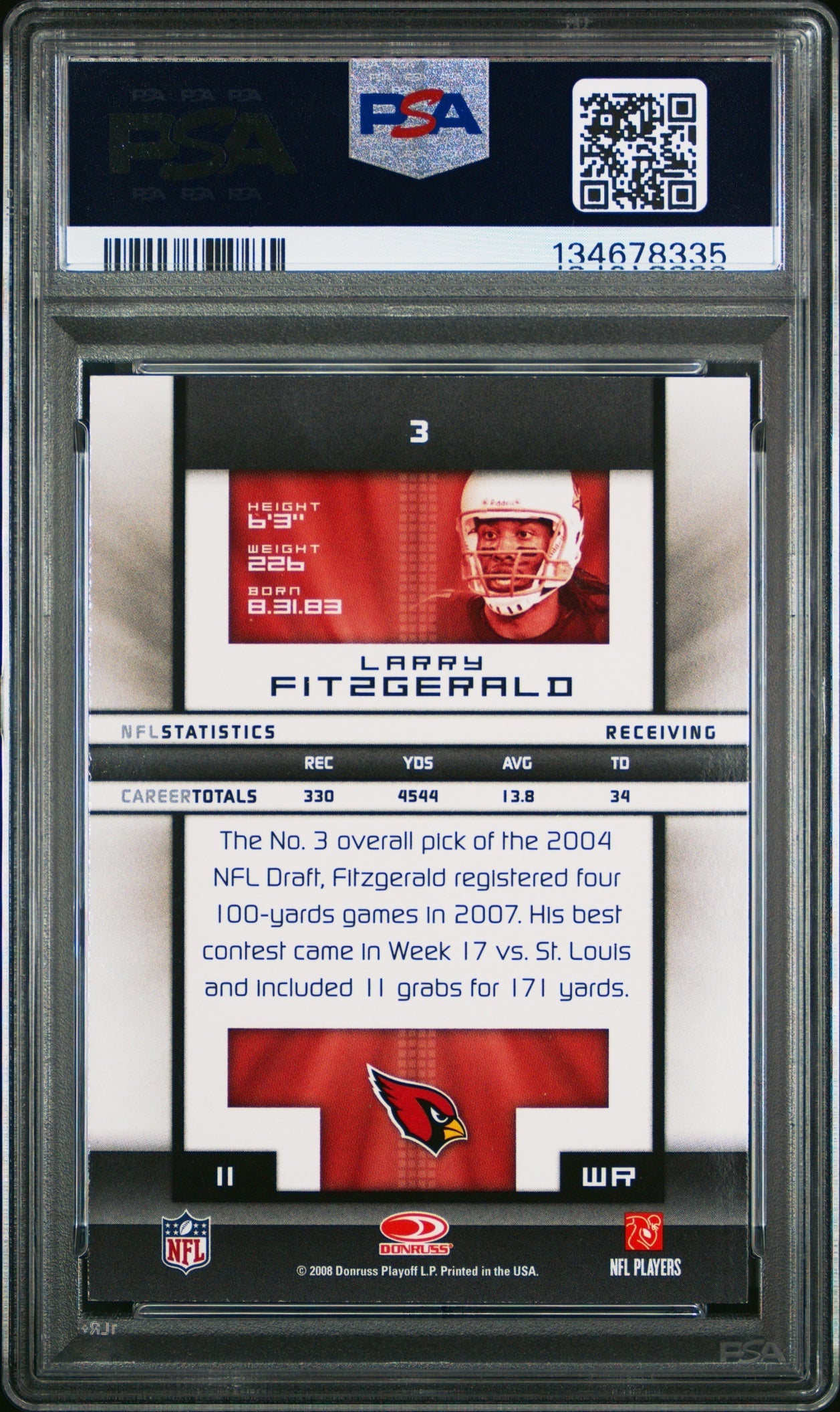 Larry Fitzgerald 2008 Donruss Elite PSA 10 Cardinals back