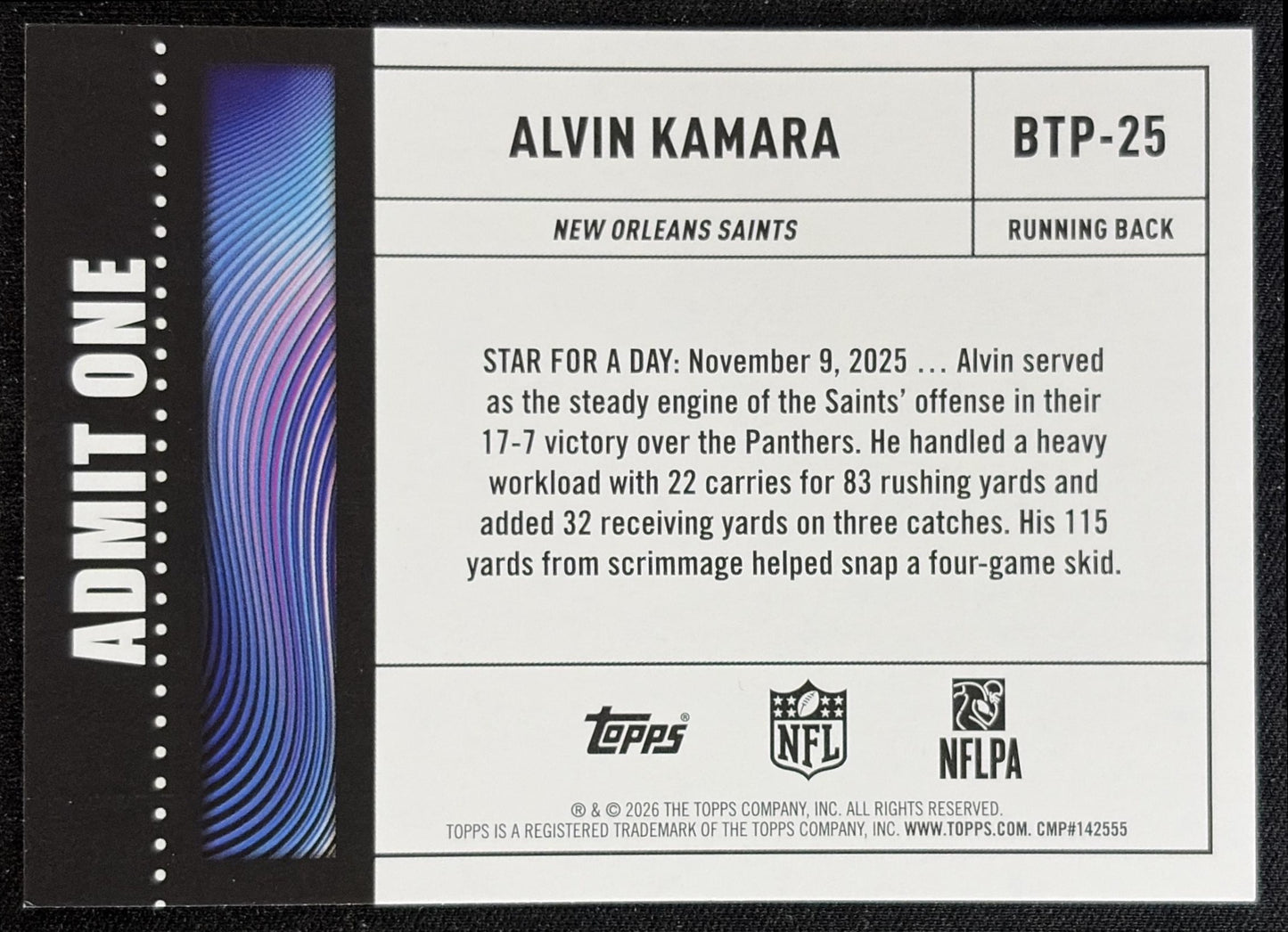 Alvin Kamara 2026 Topps Big Ticket Players Saints back