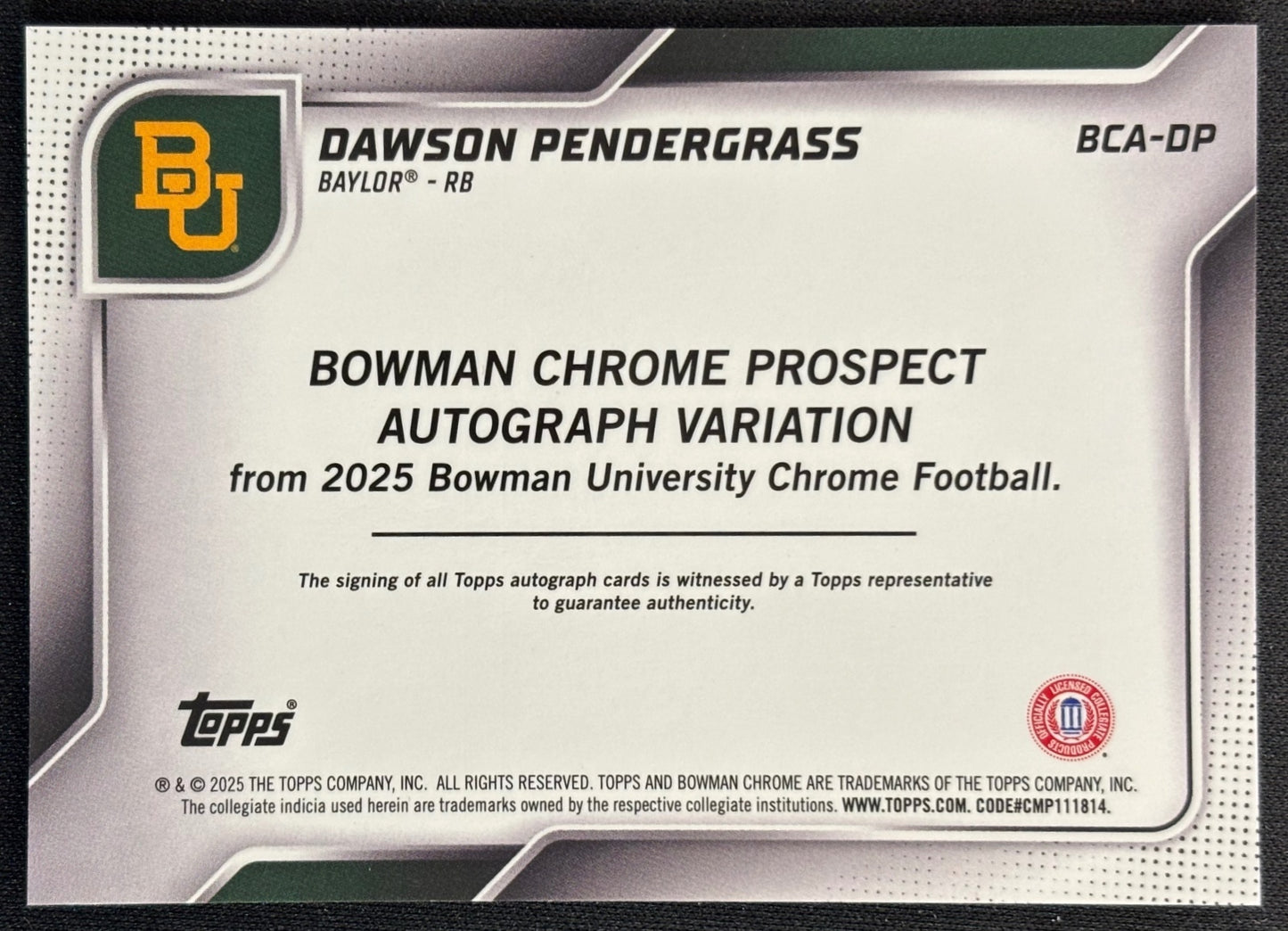 Dawson Pendergrass 2025 Chrome University Prospect Auto Bears - Back