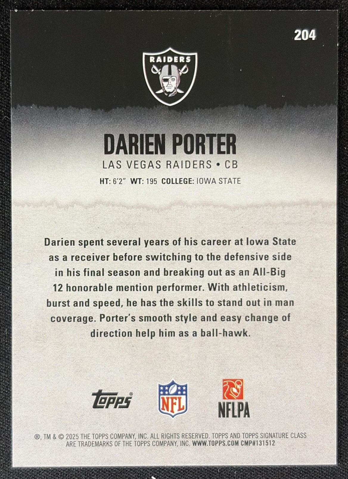 Darien Porter 2025 Topps Signature Class Rookie Red & Black Foil Raiders