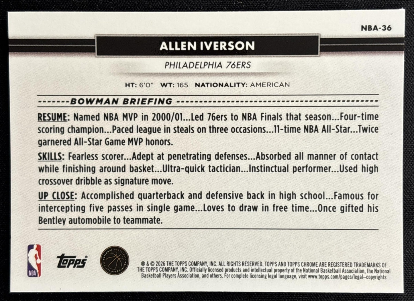 Allen Iverson 2026 Topps NSCC Collection NBA Sports Trading Cards