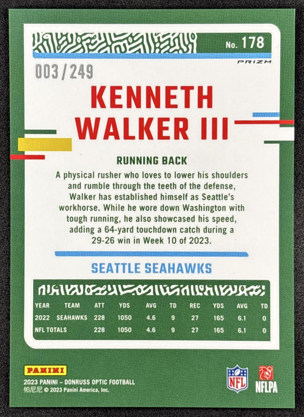 Kenneth Walker III 2023 Panini Donruss Optic Orange Prizm /249 Seahawks back