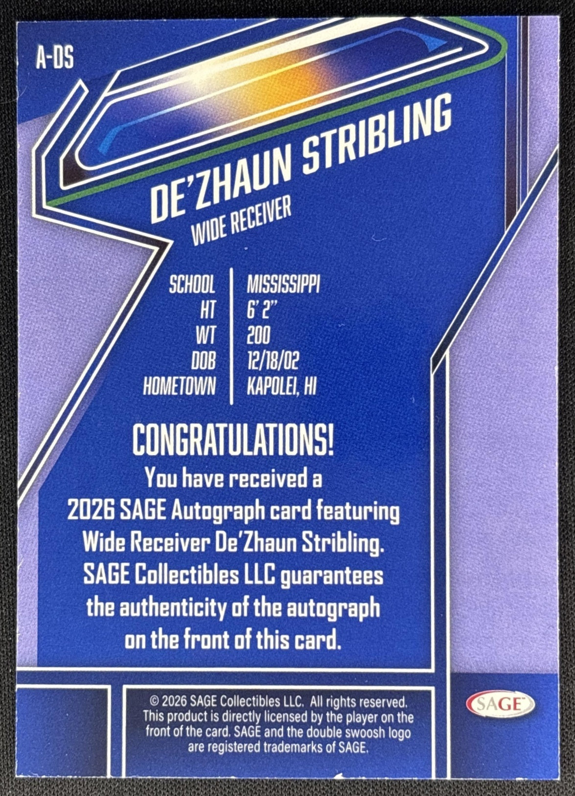 De'Zhaun Stribling 2026 Sage Auto back