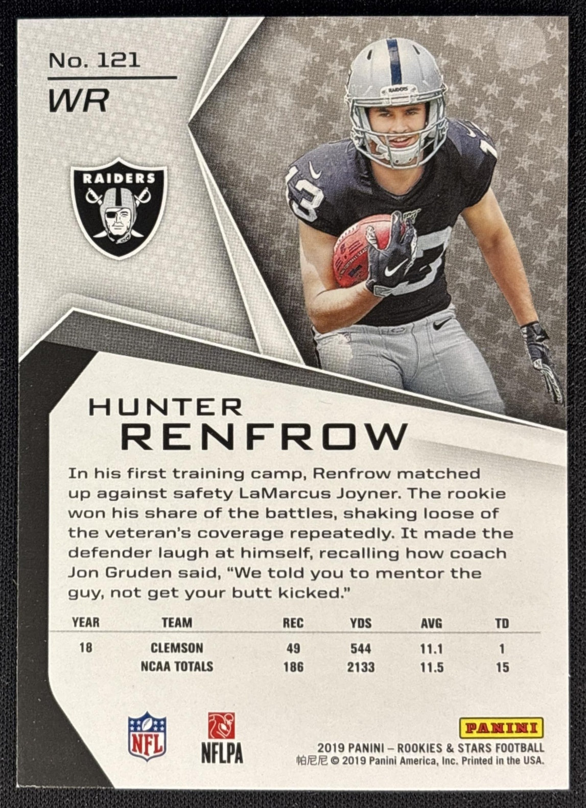 Hunter Renfrow 2019 Panini Rookies & Stars Raiders back