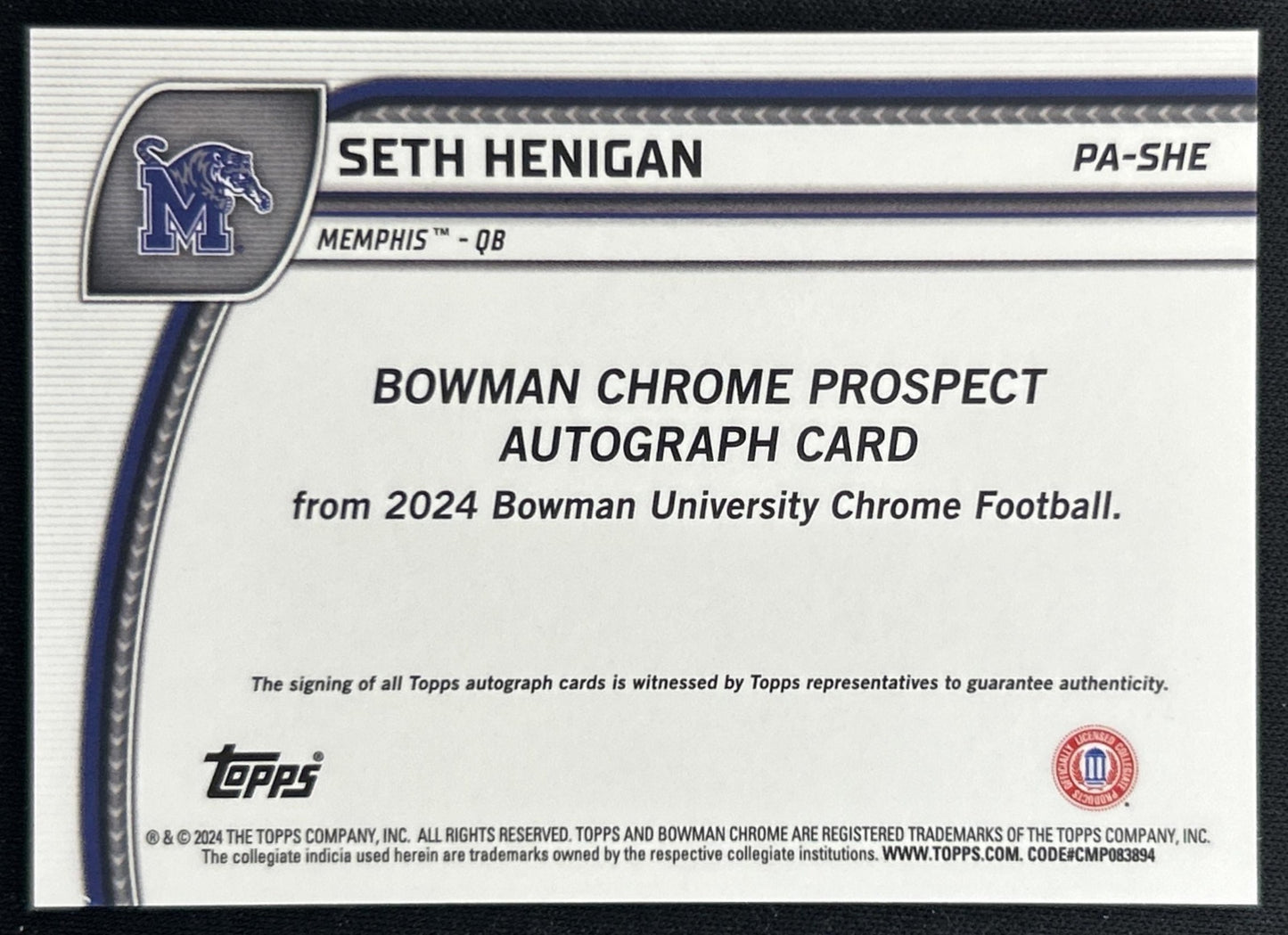 Seth Henigan 2024 Bowman Chrome University Prospect Auto back