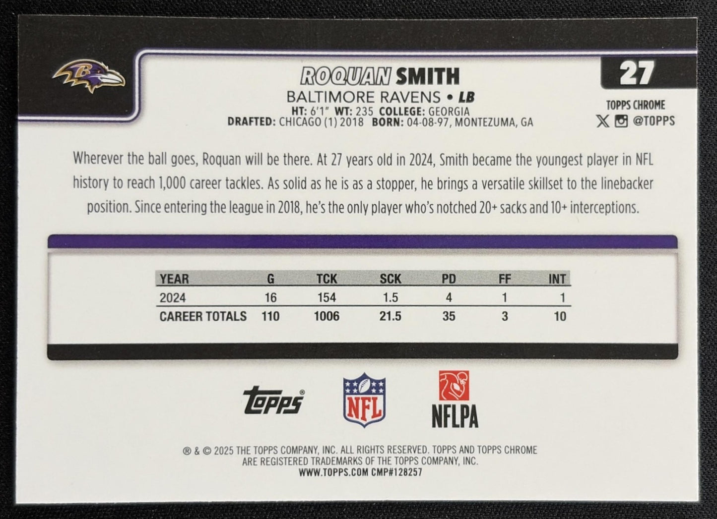 Roquan Smith 2025 Topps Chrome RayWave Refractor Ravens