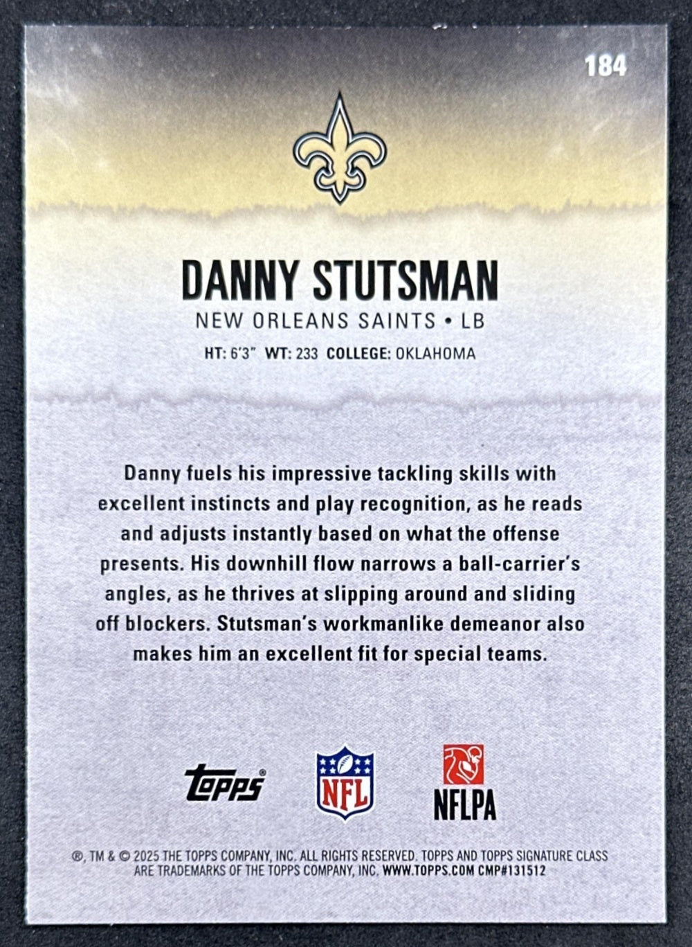 Danny Stutsman 2025 Topps Signature Class Rookie Blue & Yellow Foil Saints