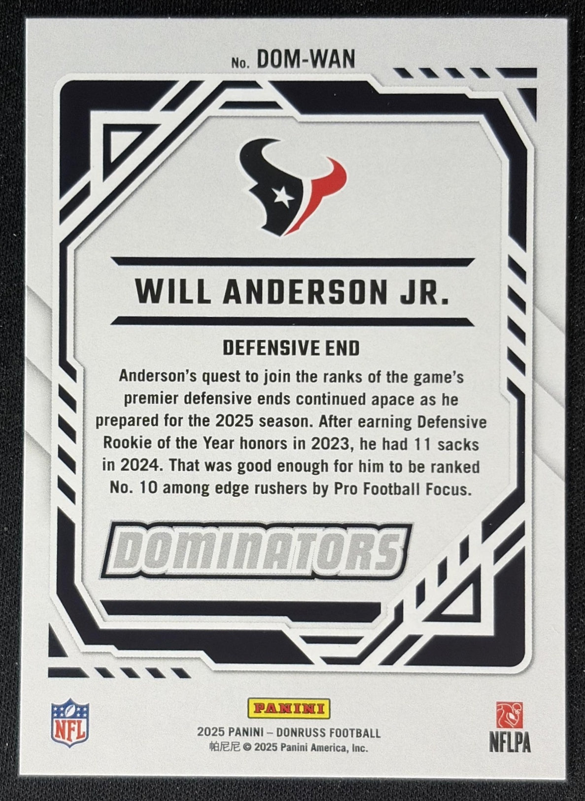 Will Anderson Jr. 2025 Panini Donruss Dominators Texans Back