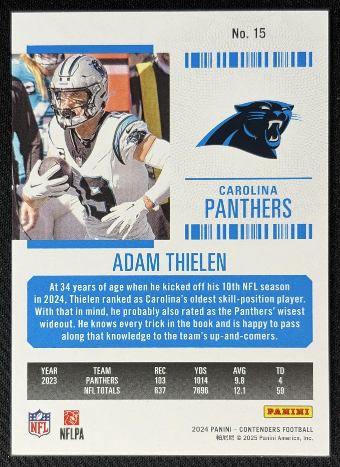 Adam Thielen 2024 Panini Contenders Midfield Ticket /50 Panthers