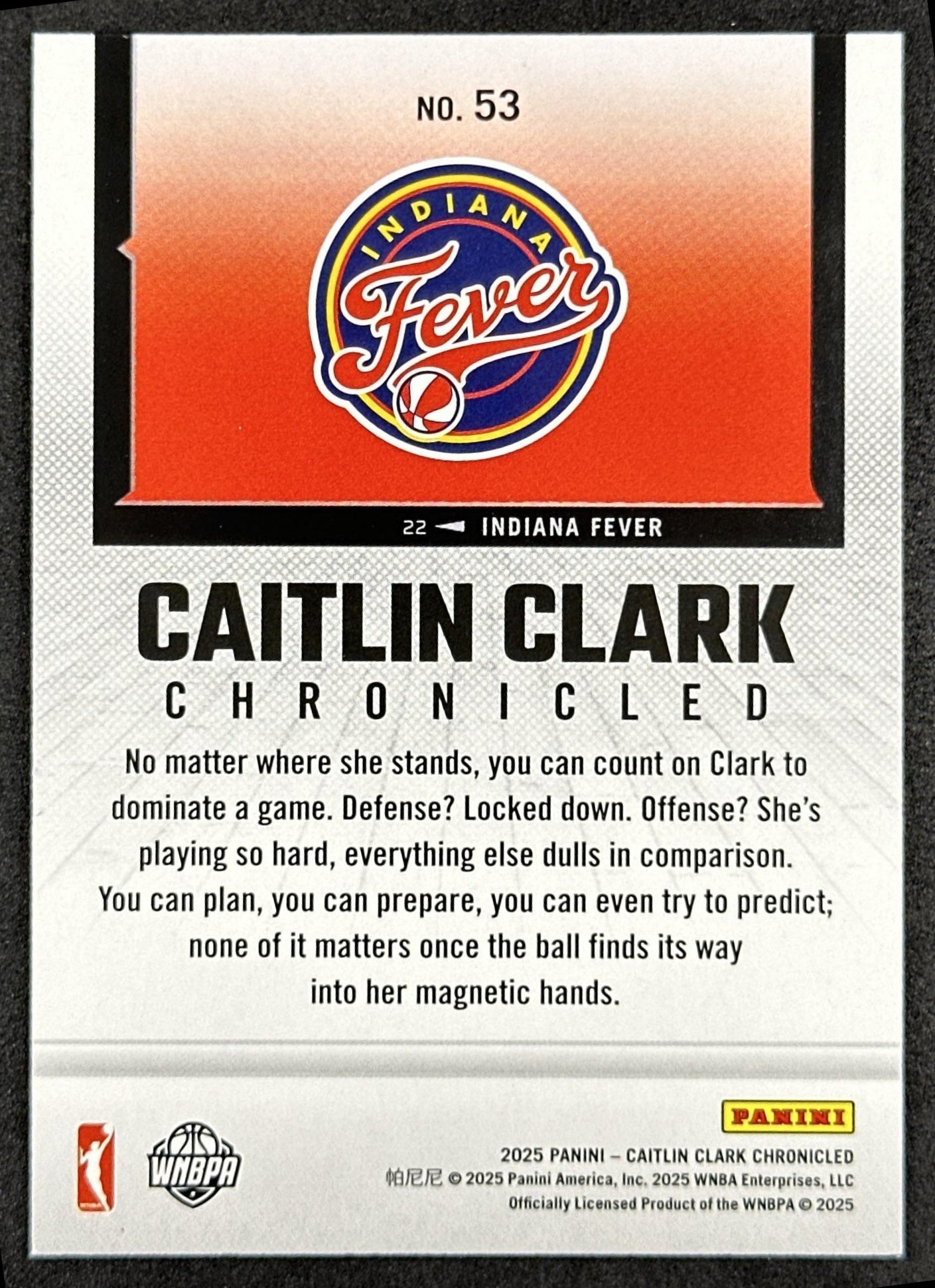 Caitlin Clark 2025 Panini Chronicled Life Style Holo Fever 53 Indiana Fever