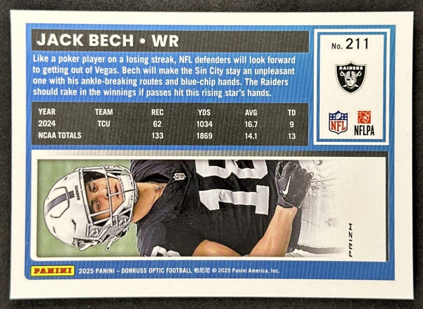 Jack Bech 2025 Panini Donruss Optic Rated Rookie Stars Prizm Raiders Sports Trading Card