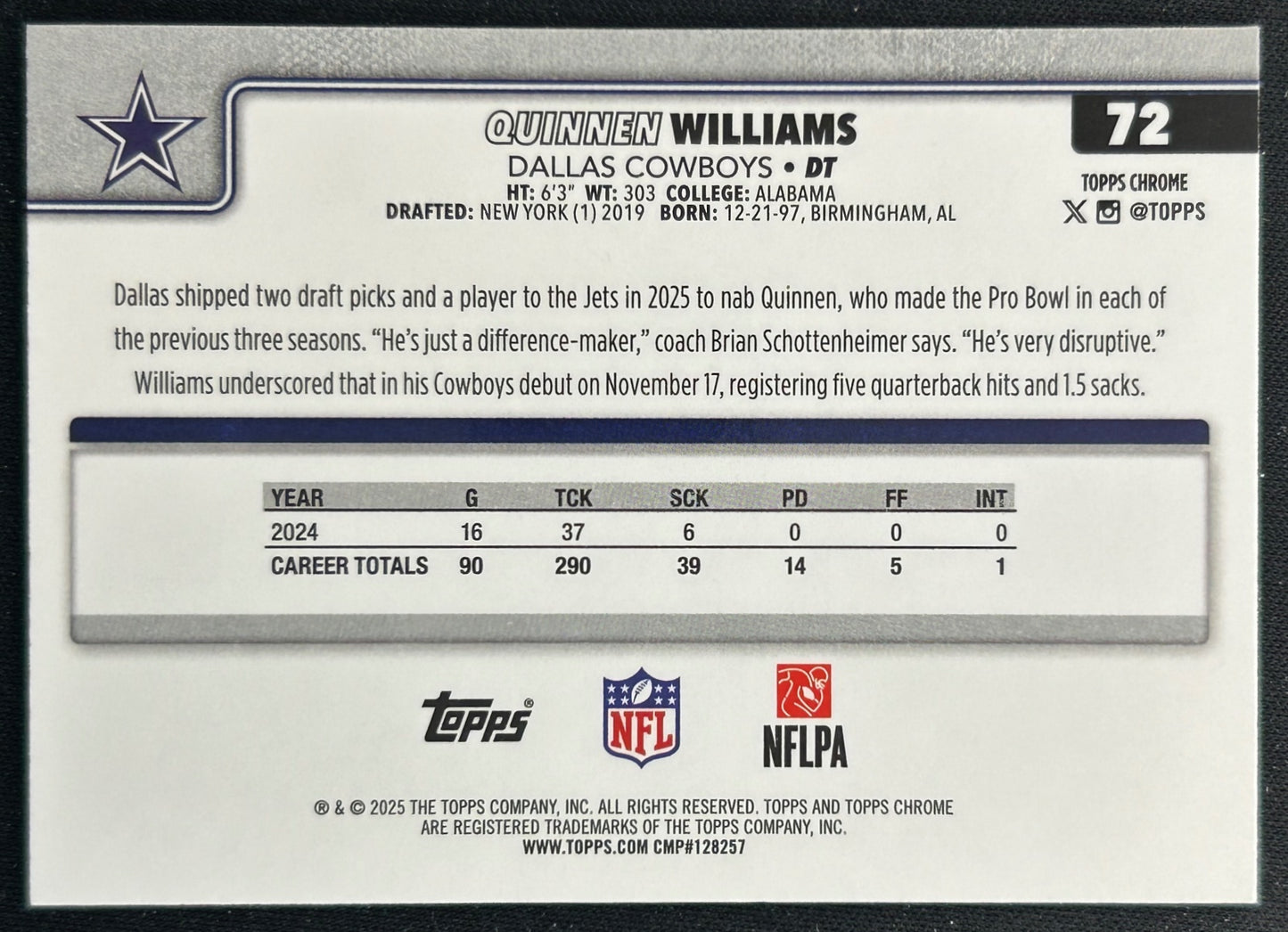 Quinnen Williams 2025 Topps Chrome Topps Logo Refractor Cowboys
