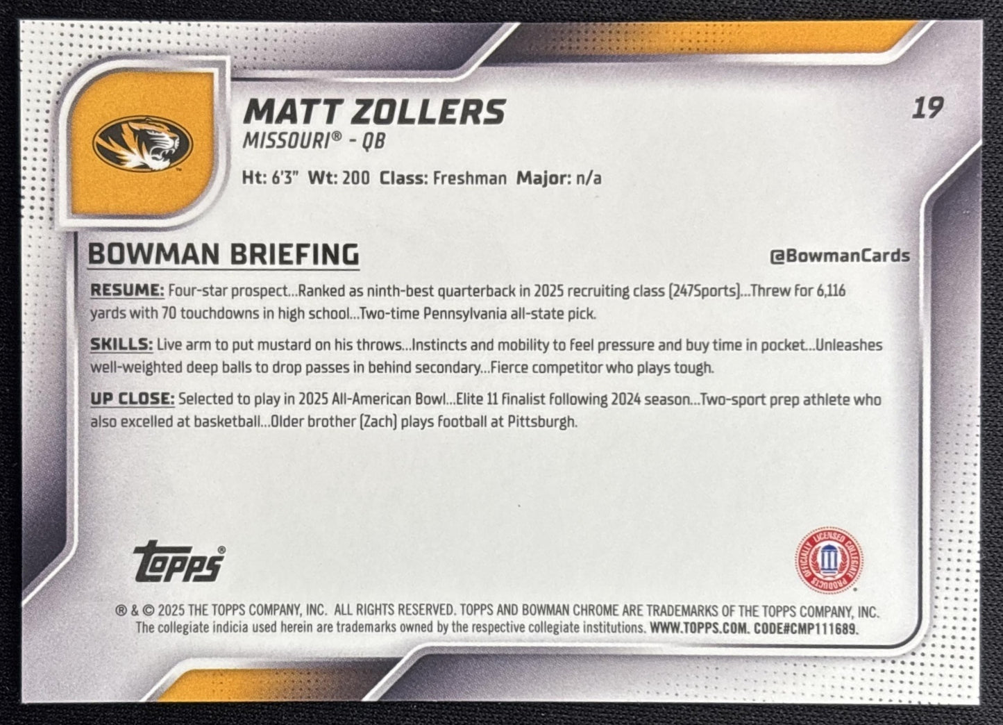 Matt Zollers 2025 Chrome University Prospects Orange Shimmer Refractor /25 Tigers Sports Trading Cards