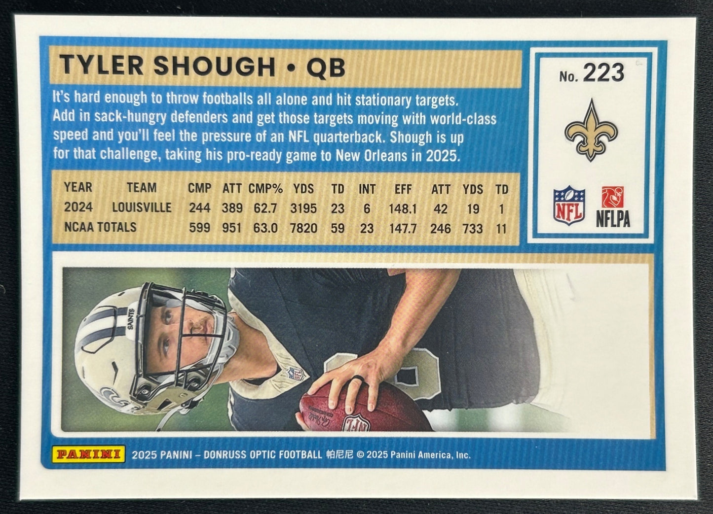 Tyler Shough 2025 Donruss Optic Rated Rookie Saints Sports Trading Card