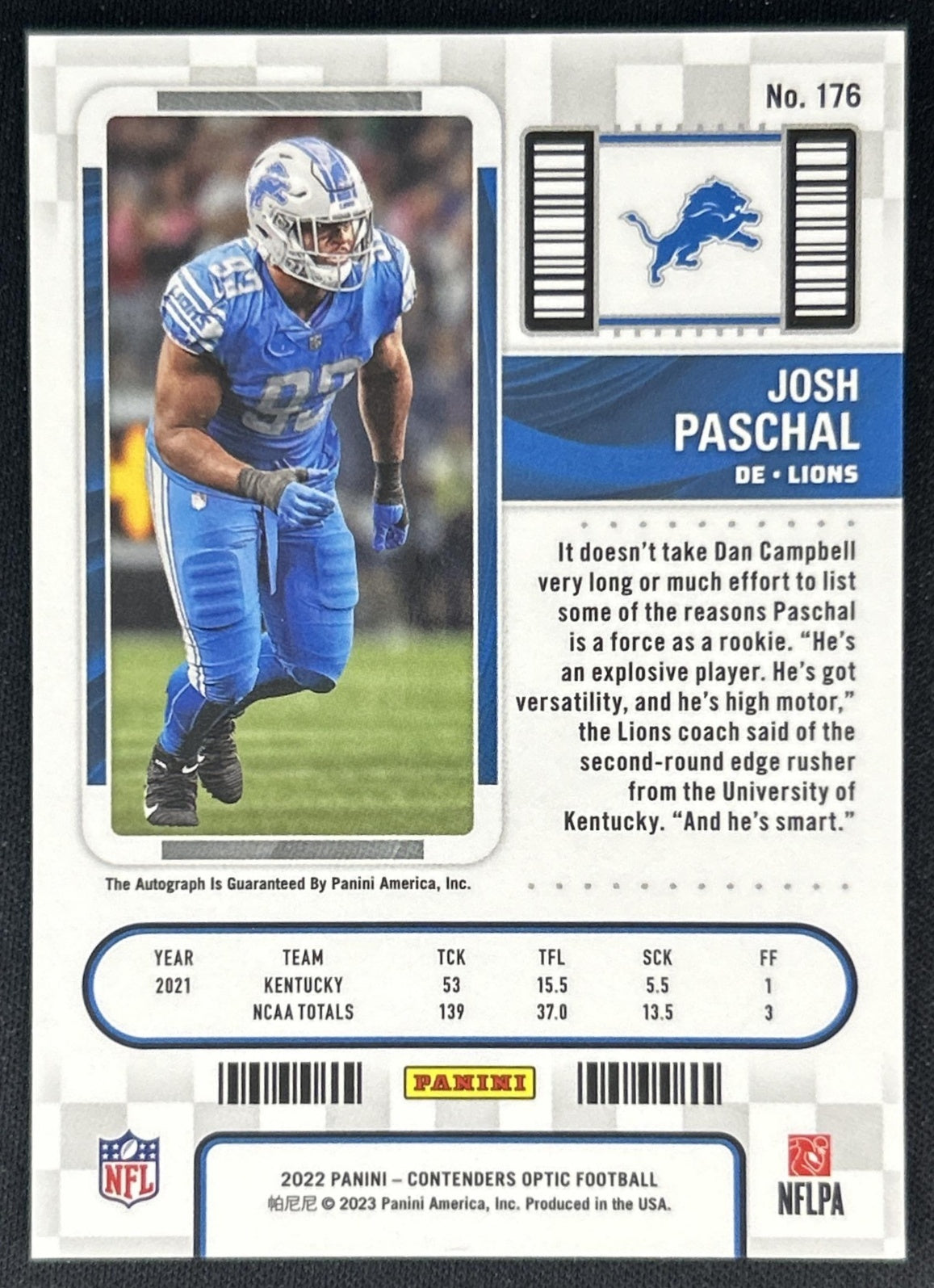 Josh Paschal 2022 Panini Contenders Optic Rookie Ticket Auto Lions back