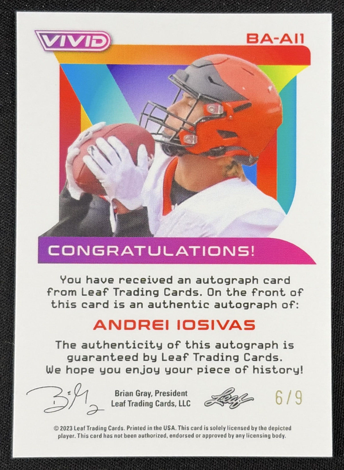 Andrei Iosivas 2023 Leaf Vivid Auto Mojo Gray /9 Bulldogs
