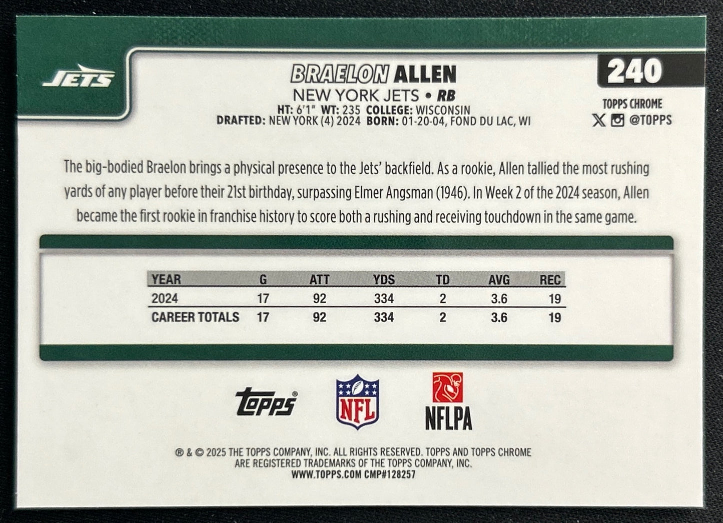 Braelon Allen 2025 Topps Chrome Jets Sports Trading Cards