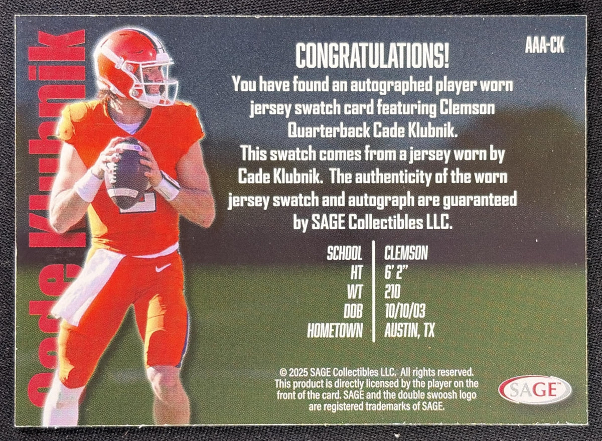 Cade Klubnik 2026 SAGE Athlete Apparel Auto Swatch High Series Tigers