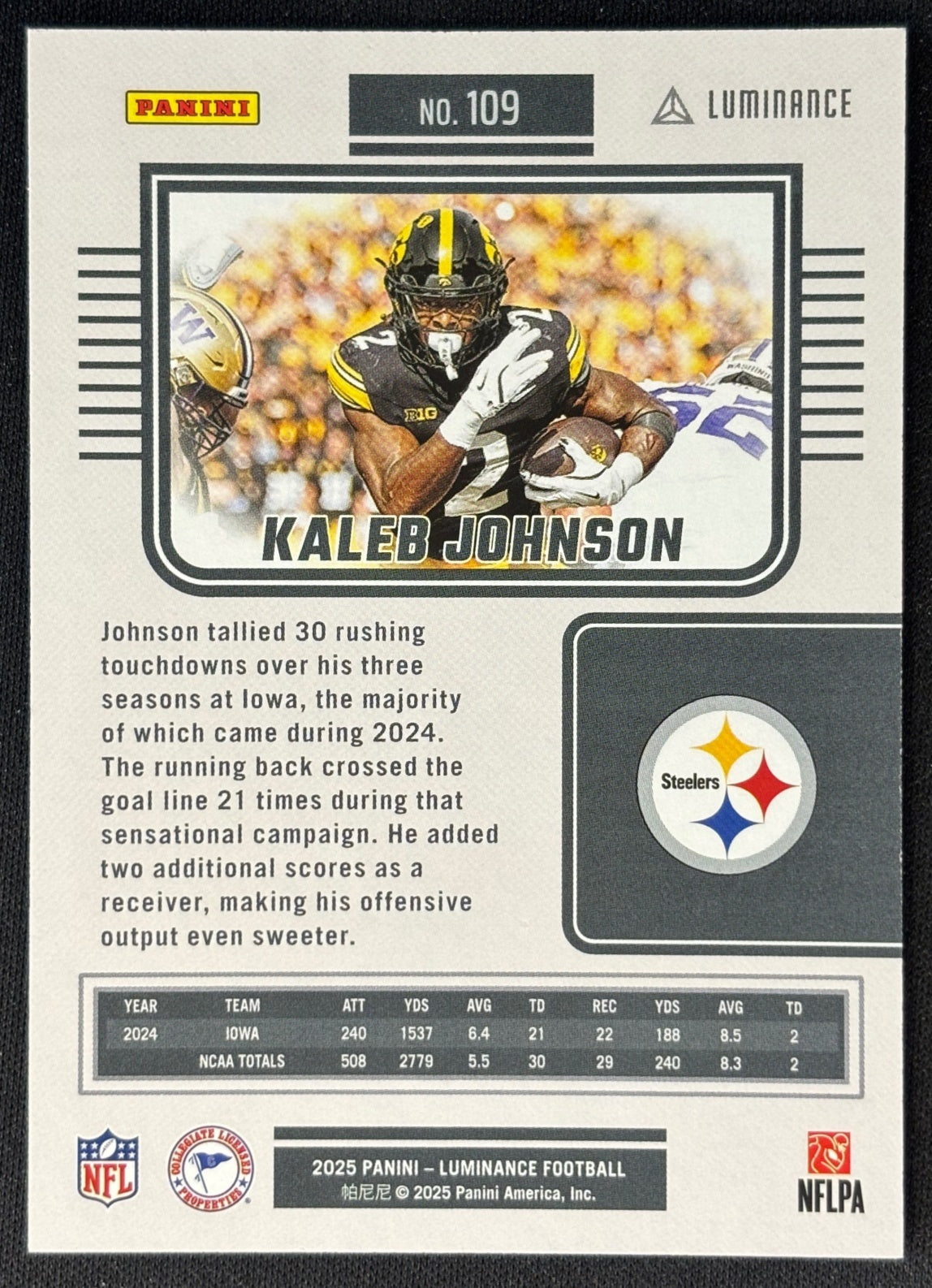Kaleb Johnson 2025 Luminance Orange /50 Steelers back | Wayne Collection