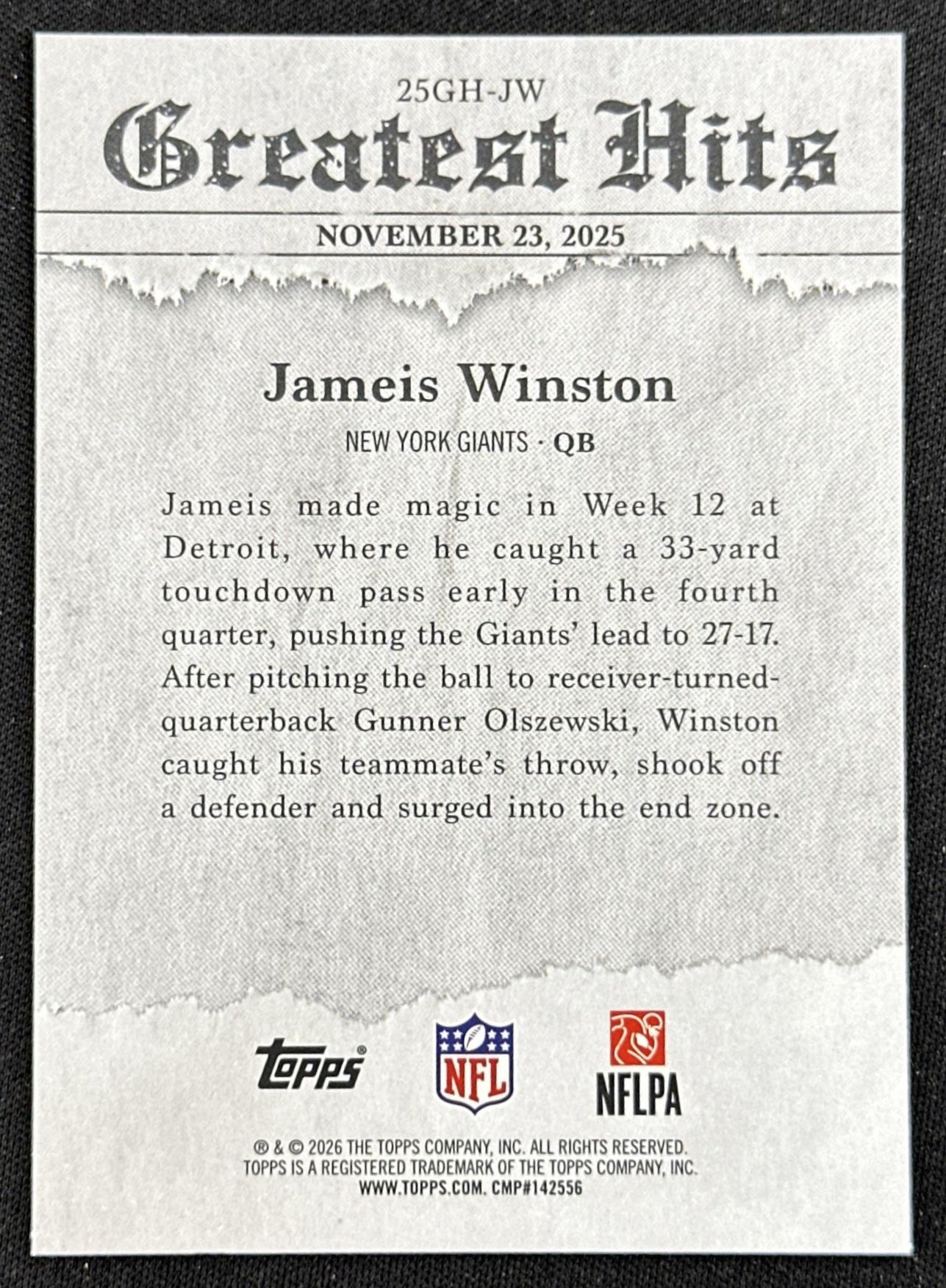 Jameis Winston 2026 Topps Flagship 2025 Greatest Hits Giants