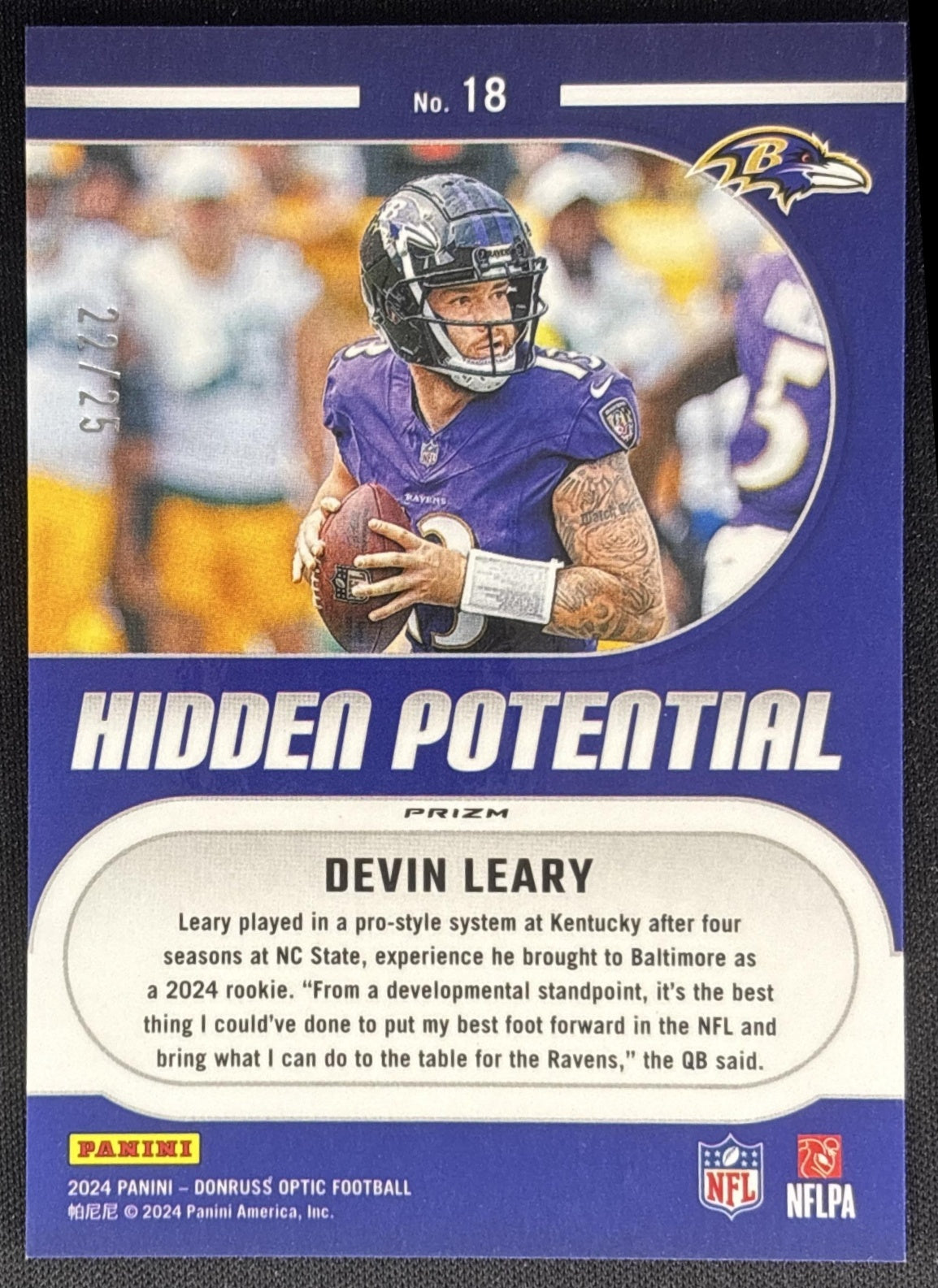 Devin Leary 2024 Panini Donruss Optic Hidden Potential Black Pandora /25 Ravens Sports Trading Cards