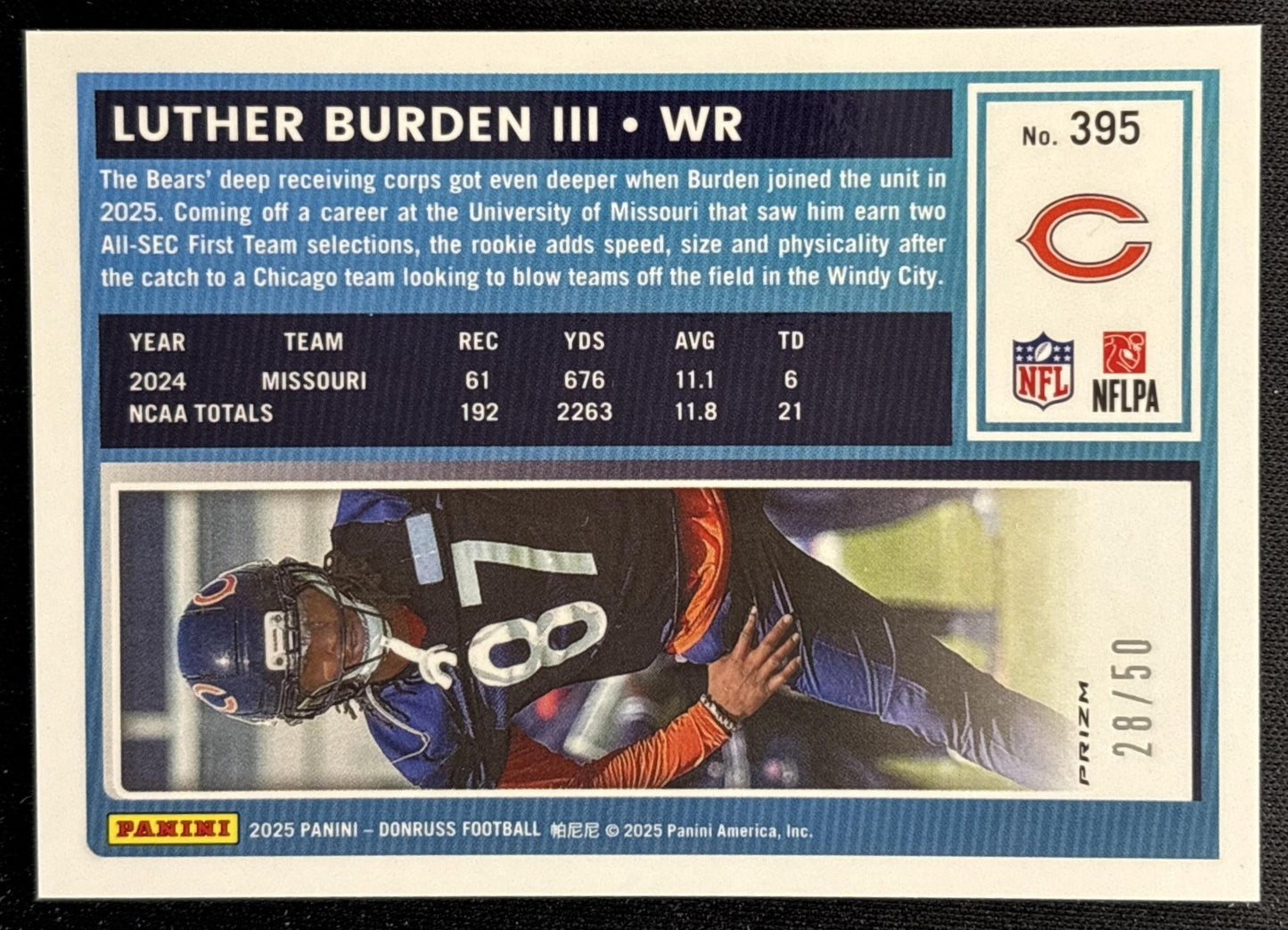 Luther Burden III 2025 Donruss Optic Rated Rookie Preview Purple /50 Bears Back