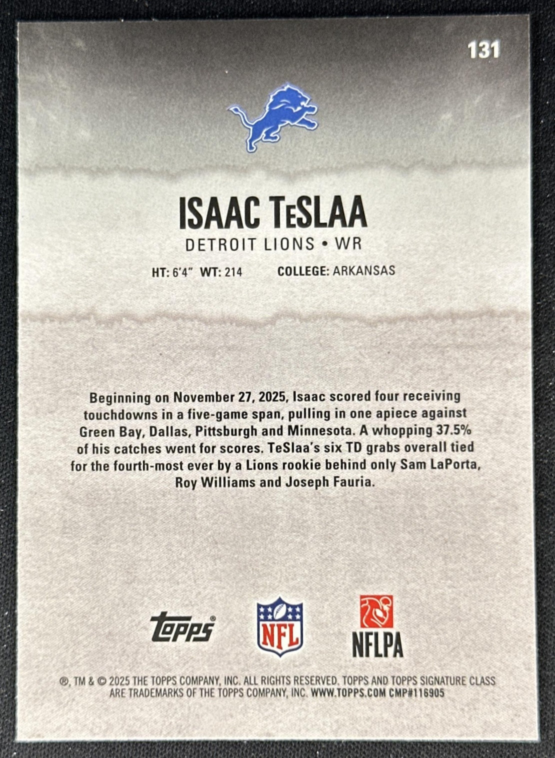 Isaac TeSlaa 2025 Topps Signature Class Chrome Rookie Lions back