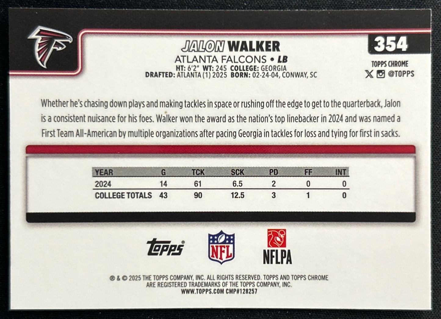 Jalon Walker 2025 Topps Chrome Rookie Falcons Sports Trading Cards