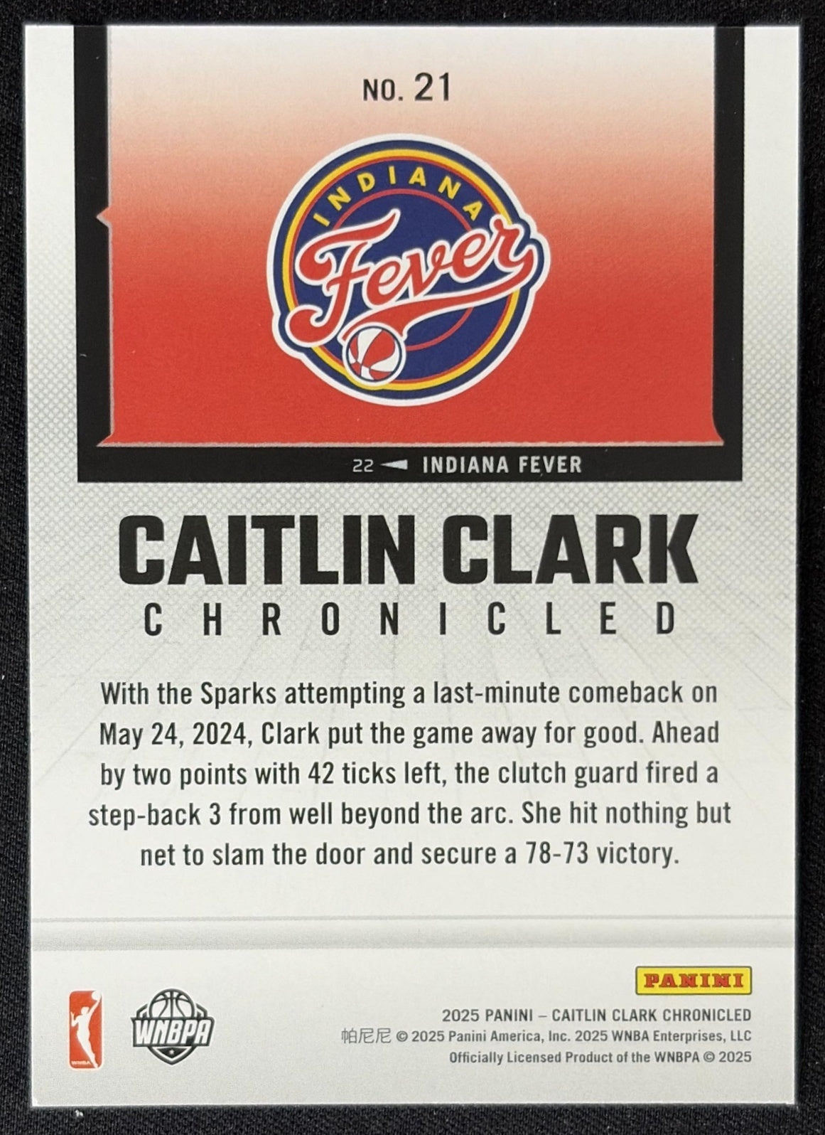 Caitlin Clark 2025 Panini Chronicled WNBA Holo Fever 21 Sports Trading Card