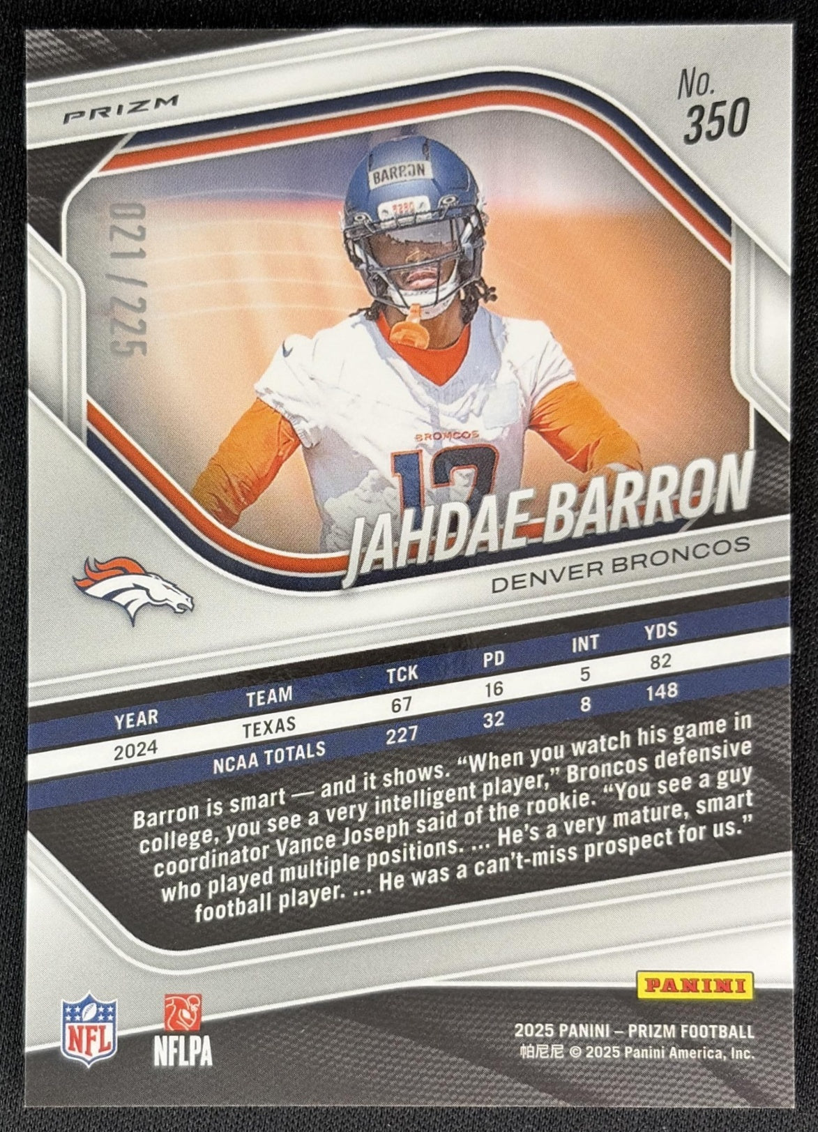 Jahdae Barron 2025 Panini Prizm Purple Ice /225 Broncos back